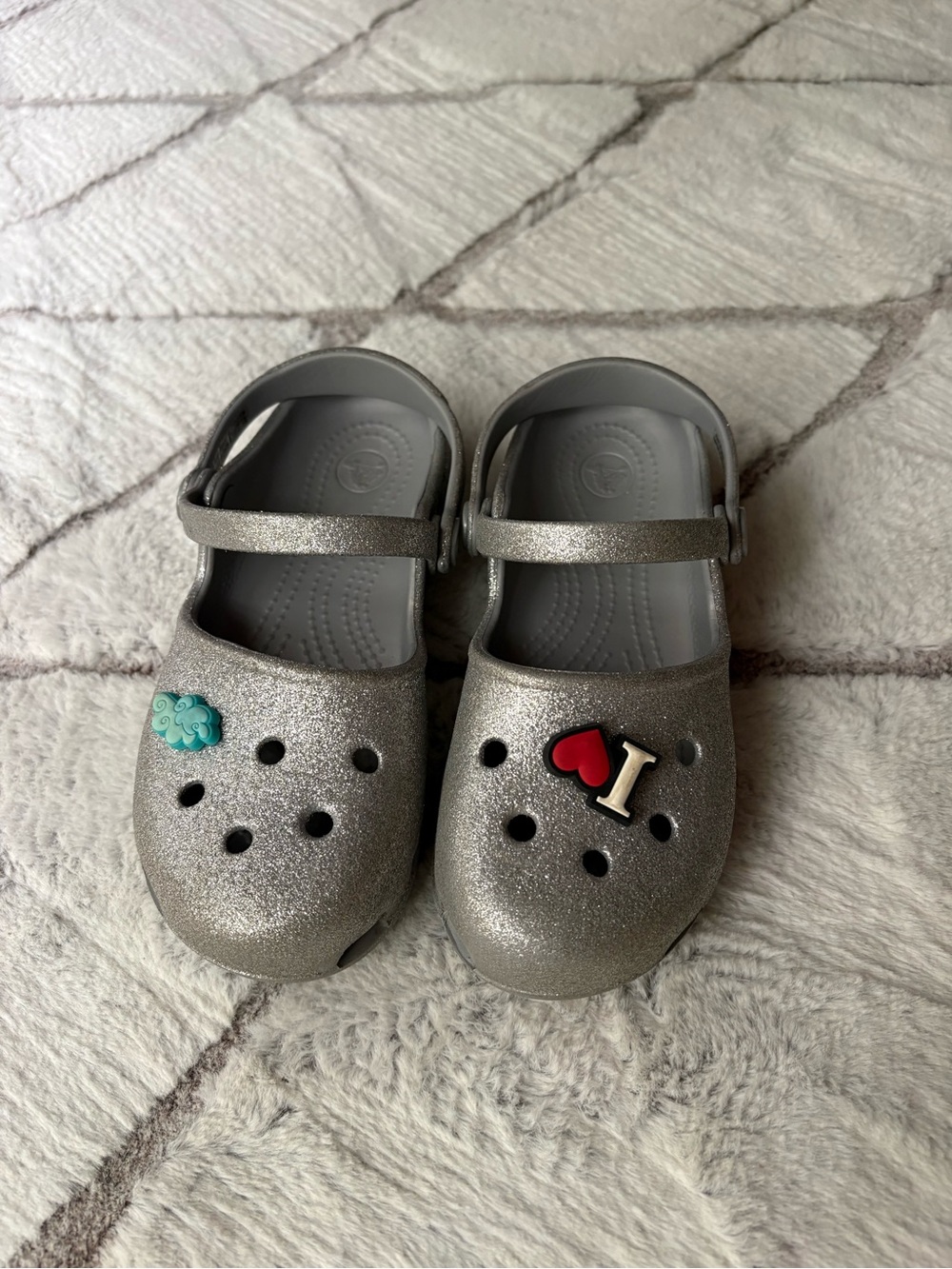 CROCS Kids' Silver Glitter Mary Jane Clogs with Colorful Jibbitz